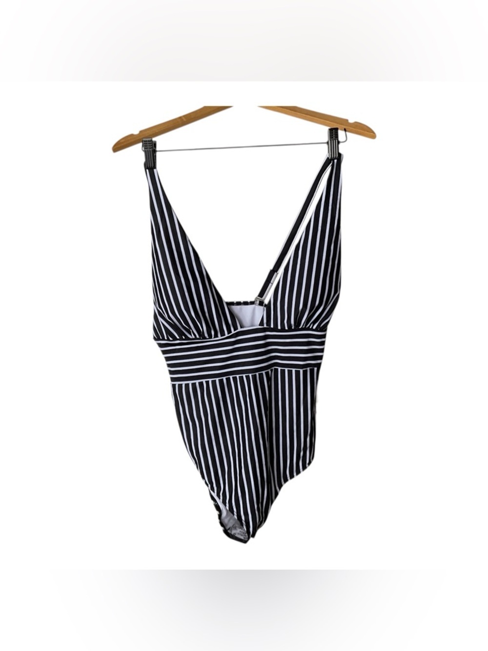 Black White Striped One Piece Swimsuit XL Plunge V Neck - Picture 2 of 4